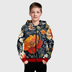 Толстовка на молнии детская Маки и пионы старинный паттерн, цвет: 3D-красный — фото 2