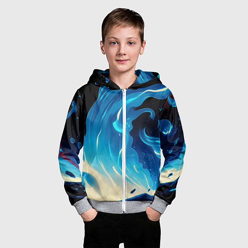 Детская толстовка на молнии Бело-синее пламя из абстрактных красок / 3D-Меланж – фото 3