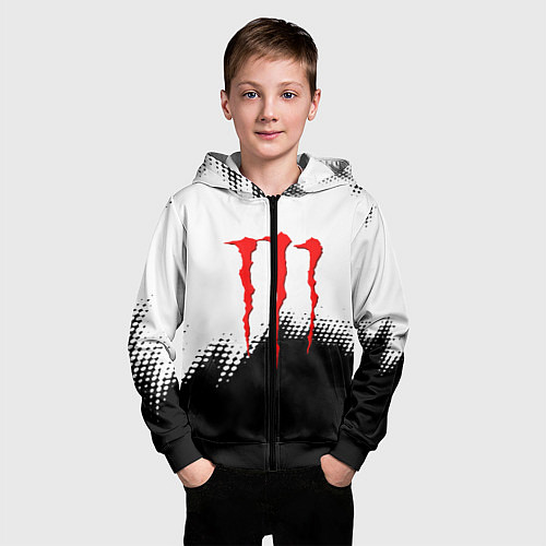 Детская толстовка на молнии Monster energy чёрно белые краски / 3D-Черный – фото 3