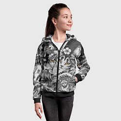 Толстовка на молнии детская С котами и рыбой на фоне сакуры в волнах, цвет: 3D-черный — фото 2