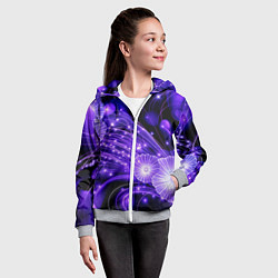 Толстовка на молнии детская Силуэты цветов на темном фоне - фиолетовое свечени, цвет: 3D-меланж — фото 2