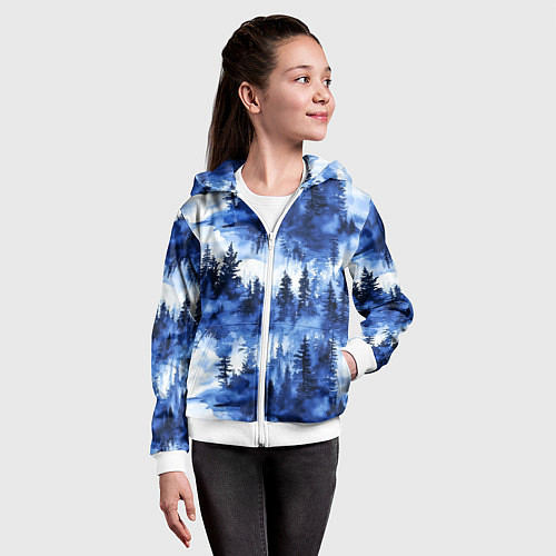 Детская толстовка на молнии Силуэты деревьев и отражения - акварельный лесной / 3D-Белый – фото 4