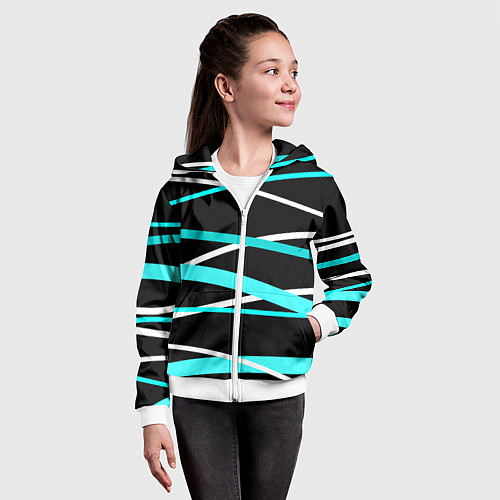 Детская толстовка на молнии Чёрный с бело-голубыми полосами / 3D-Белый – фото 4