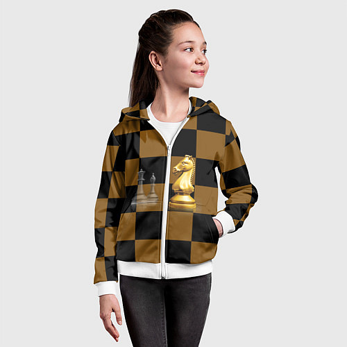 Детская толстовка на молнии Шахматные фигуры на коричнево-черной доске / 3D-Белый – фото 4