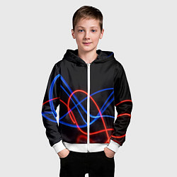 Толстовка на молнии детская Красно синие неоновые линии на черном фоне, цвет: 3D-белый — фото 2