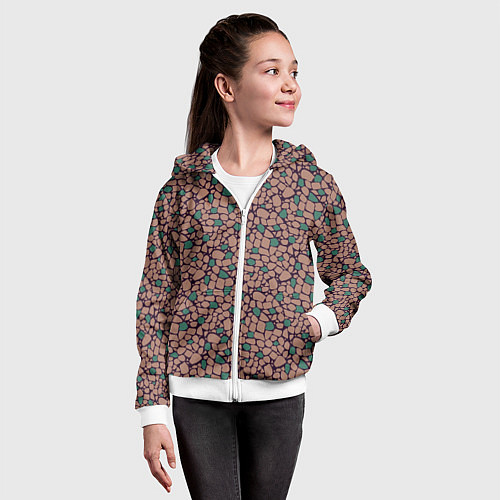 Детская толстовка на молнии Мелкий мозаичный коричневый зеленый узор хакки / 3D-Белый – фото 4
