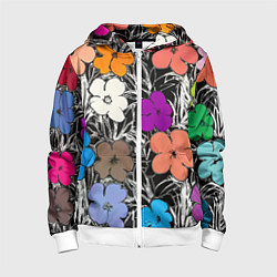 Толстовка на молнии детская Уорхол цветы флуоресцент поп-арт, цвет: 3D-белый
