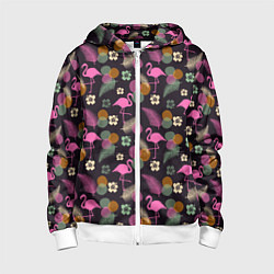 Толстовка на молнии детская Фламинго и листья на темно-синем, цвет: 3D-белый