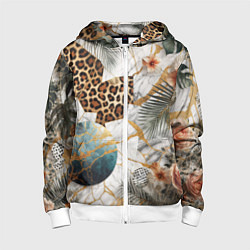 Толстовка на молнии детская Мрамор с цветами и леопардовый узор, цвет: 3D-белый