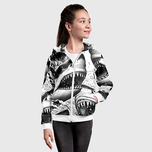 Детская толстовка на молнии Белая акула - стая / 3D-Белый – фото 4