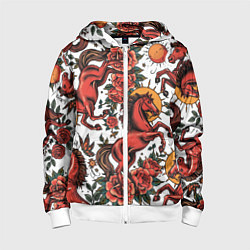 Толстовка на молнии детская Красный конь в стиле татуировки, цвет: 3D-белый