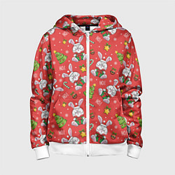 Толстовка на молнии детская Новогодний паттерн с зайчиком, цвет: 3D-белый