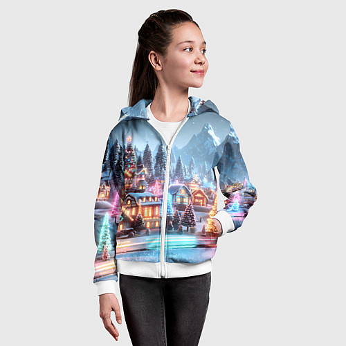 Детская толстовка на молнии Городок в новогодних огоньках / 3D-Белый – фото 4