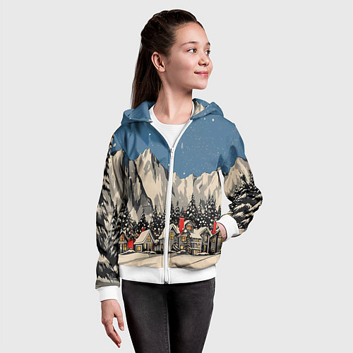 Детская толстовка на молнии Небольшой новогодний город в горах / 3D-Белый – фото 4