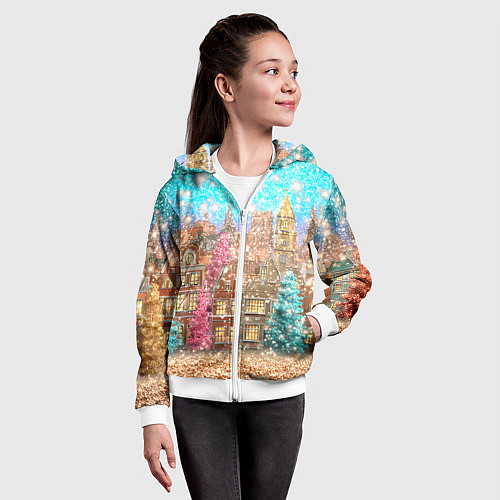 Детская толстовка на молнии Новогодний город в блестках / 3D-Белый – фото 4