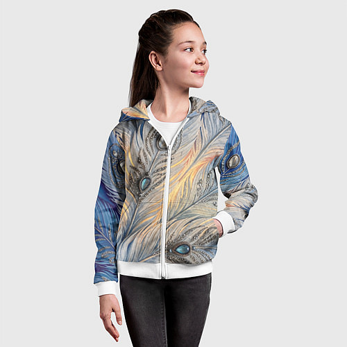 Детская толстовка на молнии Синие перья с самоцветами / 3D-Белый – фото 4
