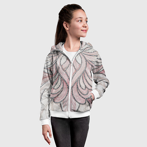 Детская толстовка на молнии Нежно розовый орнамент из перьев / 3D-Белый – фото 4