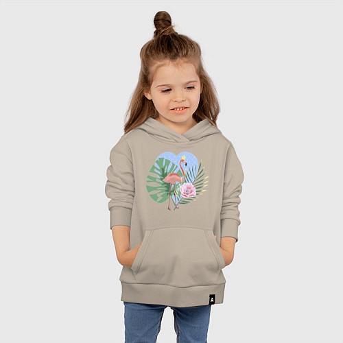 Детская толстовка-худи Розовый фламинго на фоне пальмовых листьев и сердц / Миндальный – фото 4