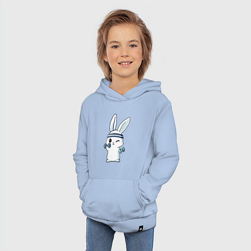 Детская толстовка-худи Прикольный зайчишка пауэрлифтер / Мягкое небо – фото 3