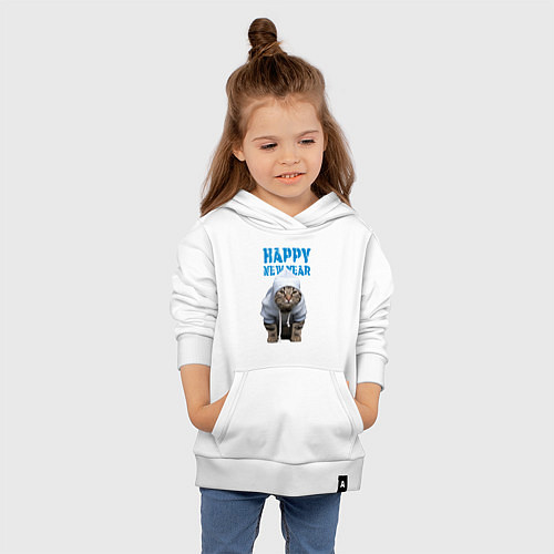 Детская толстовка-худи Happy New Year - Прикольный котик / Белый – фото 4