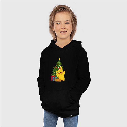 Детская толстовка-худи Новогодний Пикачу и елка / Черный – фото 3