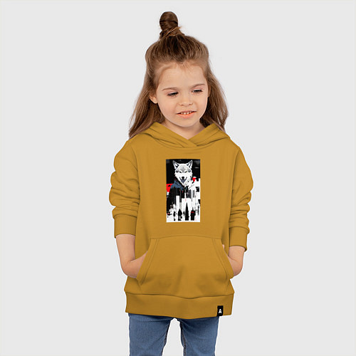 Детская толстовка-худи Волчара в мегаполисе - нейроарт / Горчичный – фото 4