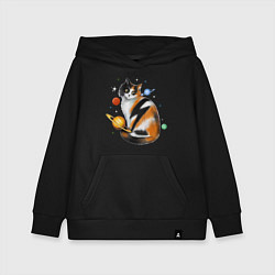 Толстовка детская хлопковая Космическая кошка с планетами и молнией, цвет: черный