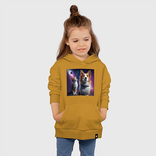 Детская толстовка-худи Собака и кот в космосе / Горчичный – фото 4