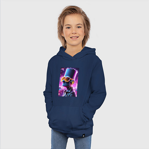 Детская толстовка-худи Неоновый Барт Симпсон - киберпанк / Тёмно-синий – фото 3