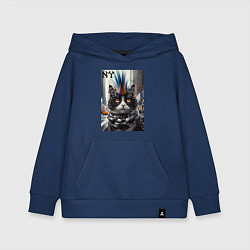 Толстовка детская хлопковая Кот панк с разноцветным хаером - Нью-Йорк, цвет: тёмно-синий