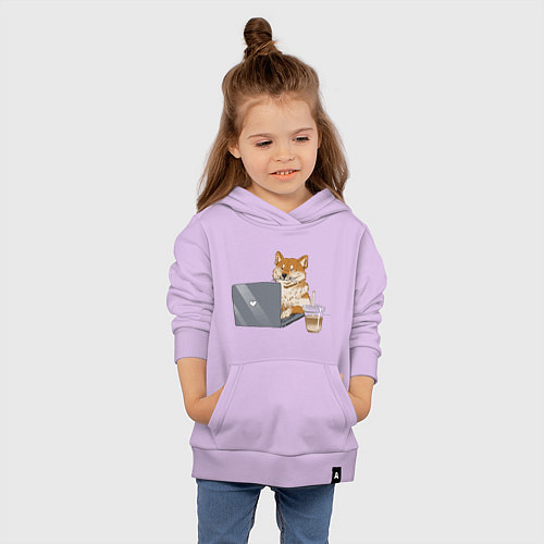 Детская толстовка-худи Собака Сиба ину печатает на ноутбуке с кофе / Лаванда – фото 4