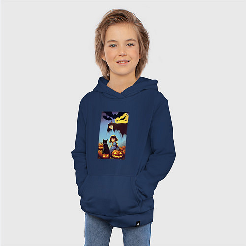 Детская толстовка-худи Ведьма зависла над девочкой и котом / Тёмно-синий – фото 3