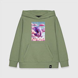 Толстовка детская хлопковая Розовый слон под зонтом в облаках, цвет: авокадо