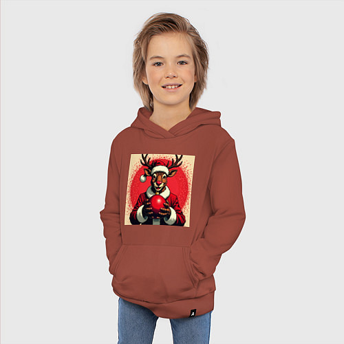 Детская толстовка-худи Рождественский олень Рудольф в шапке Санты / Кирпичный – фото 3