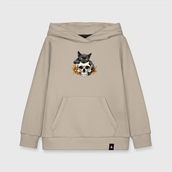 Толстовка детская хлопковая Кошка обнимает череп, цвет: миндальный