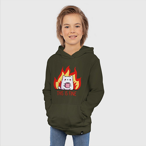 Детская толстовка-худи Cat - this is fine / Хаки – фото 3