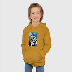 Толстовка детская хлопковая Волк в мегаполисе - нейроарт, цвет: горчичный — фото 2