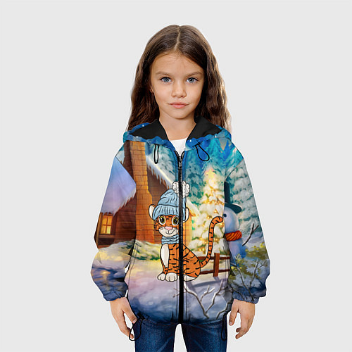 Детская куртка Тигренок на фоне зимнего дома / 3D-Черный – фото 3