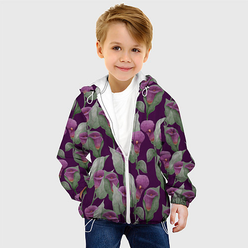 Детская куртка Фиолетовые каллы на темно фиолетовом фоне / 3D-Белый – фото 4