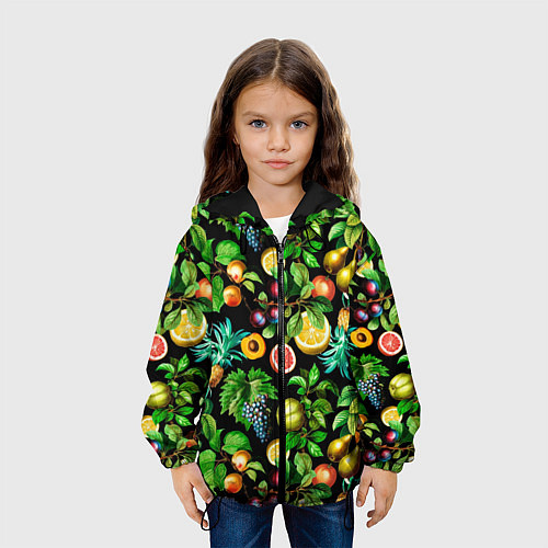 Детская куртка Сочные фрукты - персик, груша, слива, ананас / 3D-Черный – фото 3