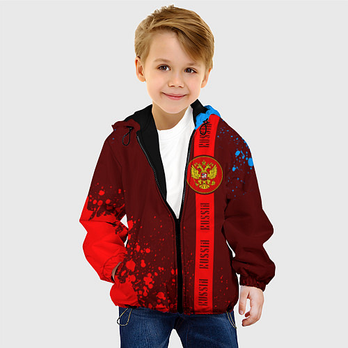 Детская куртка РОССИЯ - ГЕРБ - Брызги Полоса / 3D-Черный – фото 4