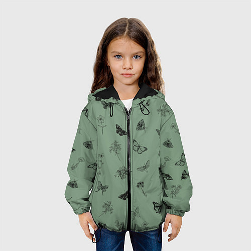 Детская куртка Цветочки и бабочки на зеленом фоне / 3D-Черный – фото 3