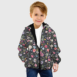 Куртка с капюшоном детская Разные цветы, листья, травы на темном фоне, цвет: 3D-черный — фото 2
