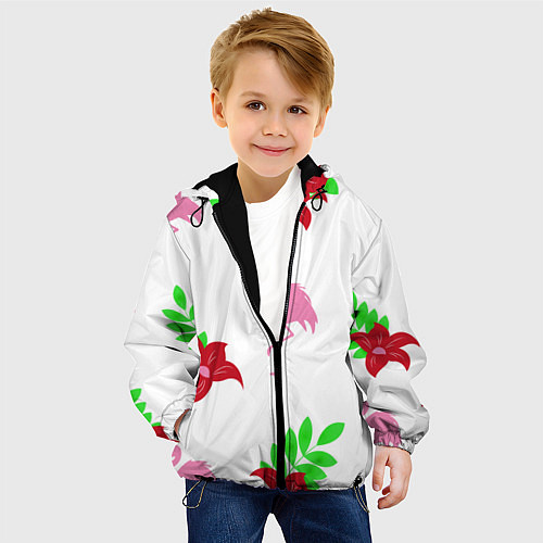 Детская куртка Розовый фламинго с цветами / 3D-Черный – фото 4