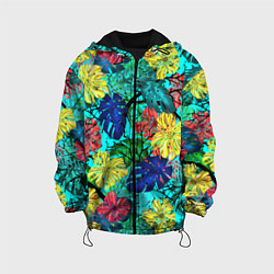 Куртка с капюшоном детская Тропические растения на бирюзовом фоне, цвет: 3D-черный