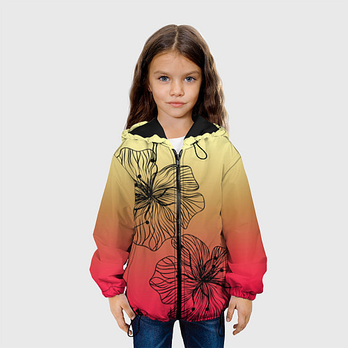 Детская куртка Черные абстрактные цветы на красно-желтом градиент / 3D-Черный – фото 3