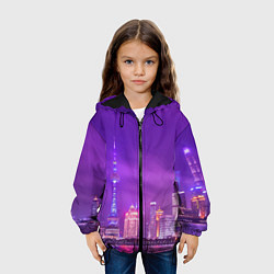 Куртка с капюшоном детская Неоновый мегаполис - Фиолетовый, цвет: 3D-черный — фото 2