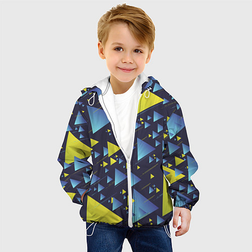 Детская куртка Абстракция Из Жёлтых и Синих Треугольников На Тёмн / 3D-Белый – фото 4