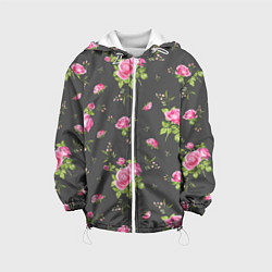Куртка с капюшоном детская Розовые розы на сером фоне, цвет: 3D-белый