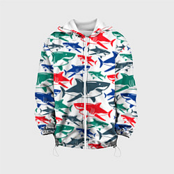 Куртка с капюшоном детская Стая разноцветных акул - паттерн, цвет: 3D-белый